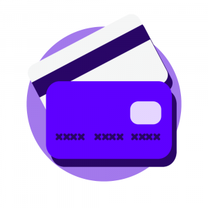 Book now graphic of purple themed credit cards